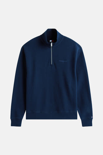 Blauwe sweater van TOMMY JEANS, met een halve rits en een geweven textuur.