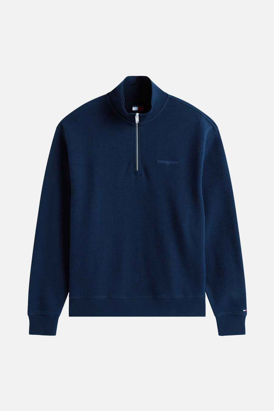 Blauwe sweater van TOMMY JEANS, met een halve rits en een geweven textuur.