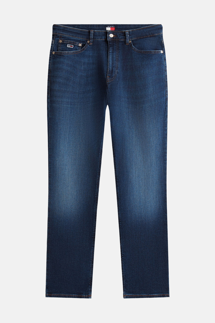 Donkerblauwe denim straight fit jeans van TOMMY JEANS, met klein vlaglogo op muntzakje en lichte wassing.