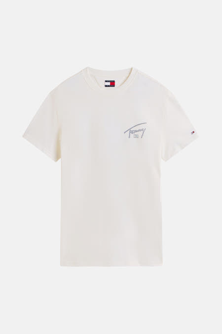 Wit T-shirt met korte mouwen van TOMMY JEANS, met klein geborduurd logo op de borst en mouw.