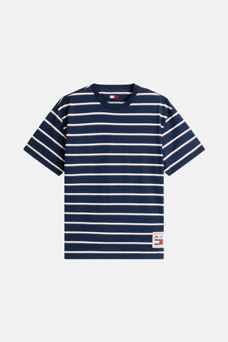 Blauw T-shirt met korte mouwen van Tommy Jeans, met wit gestreept patroon en logo-patch.