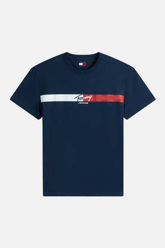 Blauw T-shirt met korte mouwen van TOMMY JEANS, met een witte en rode streep en logo.