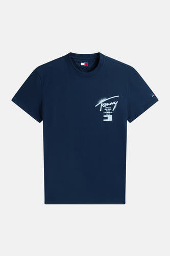 Blauw T-shirt met korte mouwen van TOMMY JEANS, met een logo en tekstprint op de borst.