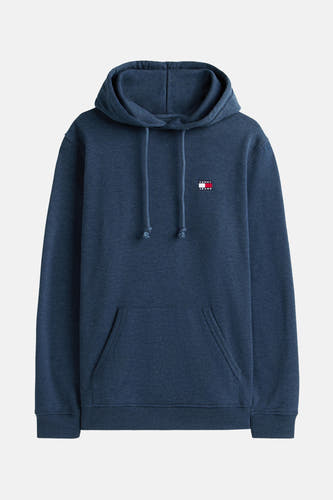 Blauwe sweater met kap van TOMMY JEANS, met trekkoorden en een buidelzak aan de voorkant.