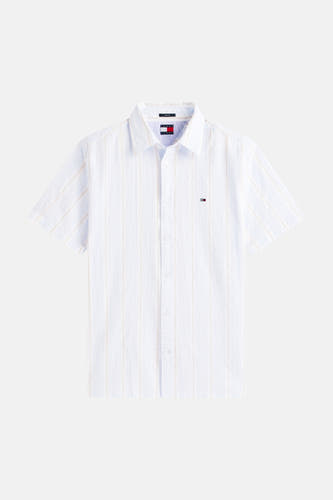 Blauw overhemd met korte mouwen van Tommy Jeans, met een gestreept patroon en textuur.
