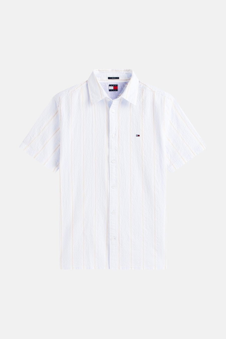 Blauw overhemd met korte mouwen van Tommy Jeans, met een gestreept patroon en textuur.