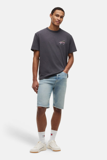 Grijs T-shirt met korte mouwen van TOMMY JEANS, met kleurrijk Tommy-logo, gedragen met lichtblauwe denim shorts en crèmekleurige sneakers.