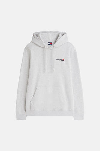 Gemêleerde grijze sweater van TOMMY JEANS met capuchon, trekkoorden, buidelzak en klein logo op de borst.