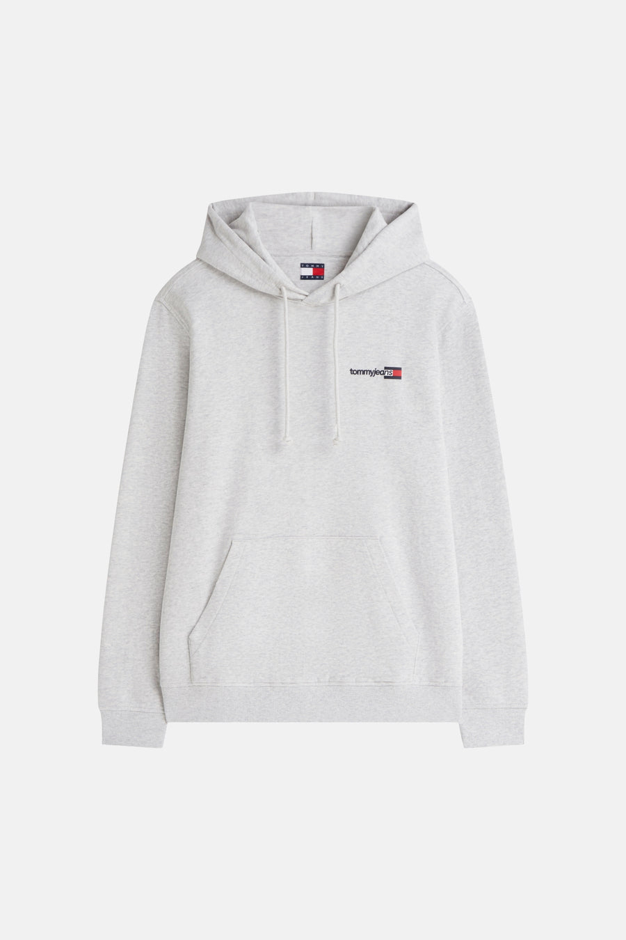 Gemêleerde grijze sweater van TOMMY JEANS met capuchon, trekkoorden, buidelzak en klein logo op de borst.