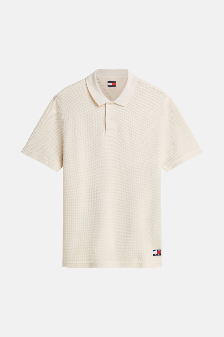 Ecru polo met fijn textuur van TOMMY JEANS, voorzien van kleurrijk logo op borst en zoom, front view