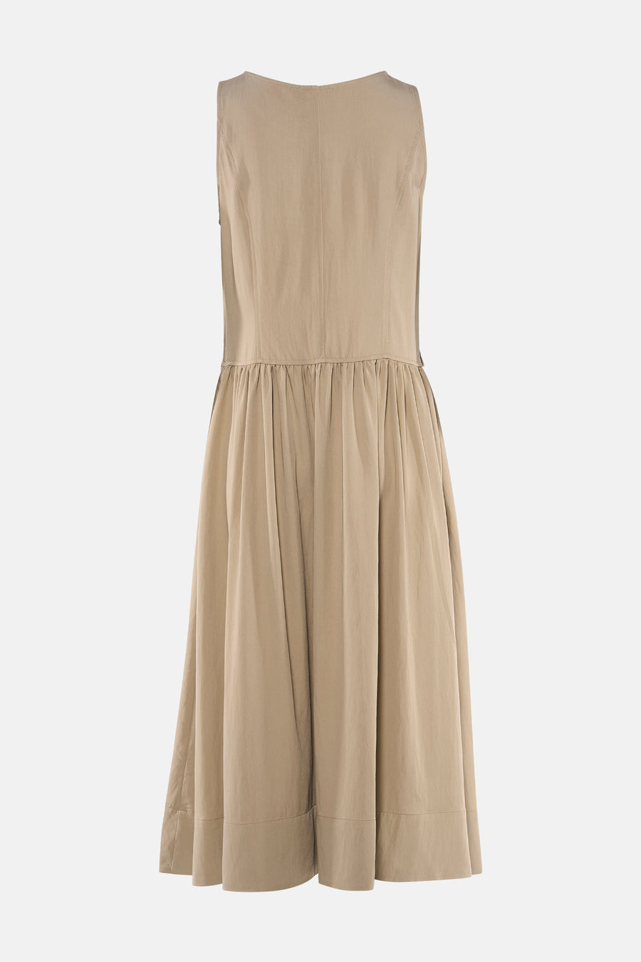 Beige mouwloos jurkje van ADORE, met geruchte rok en ronde hals, achterzijde weergegeven