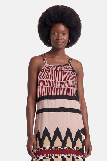 Multicolor mouwloos kleedje van ADORE met geometrische print, ruches en beaded bandjes, front view