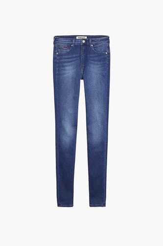 Donkerblauwe skinny jeans van TOMMY JEANS, effen kleur, met klassieke zakken en stiksels.