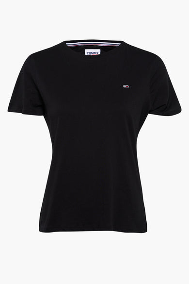 Zwart korte mouwen T-shirt van TOMMY JEANS met klein logo op borst, ronde hals en gestreepte binnenkant
