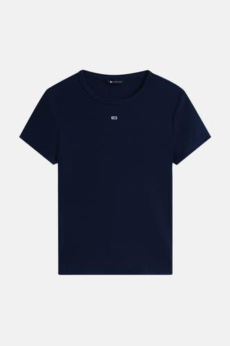 Donkerblauw geribbeld T-shirt van TOMMY JEANS met ronde hals en klein logo op de borst.