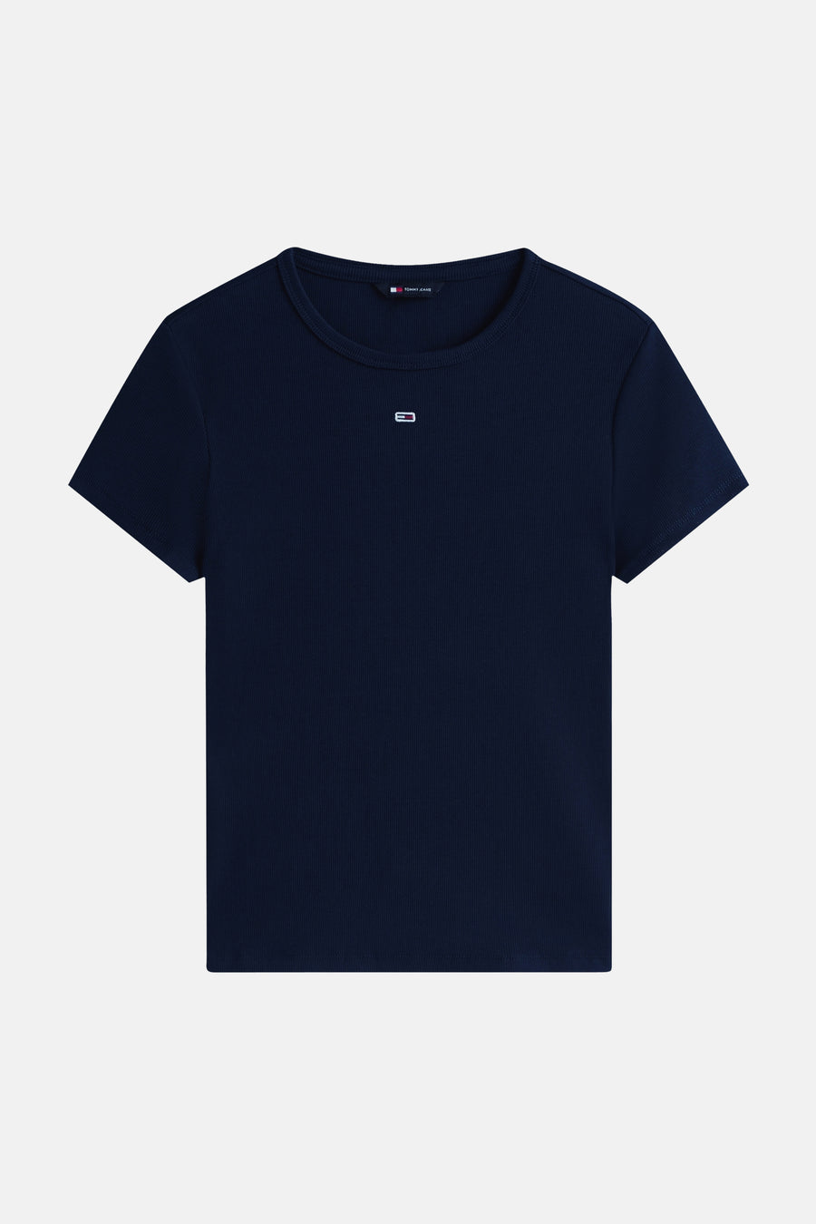 Donkerblauw geribbeld T-shirt van TOMMY JEANS met ronde hals en klein logo op de borst.