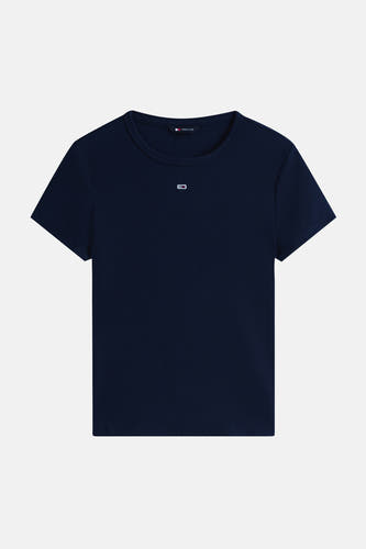 Donkerblauw geribbeld T-shirt met korte mouwen van TOMMY JEANS, met klein vlaglogo op de borst.