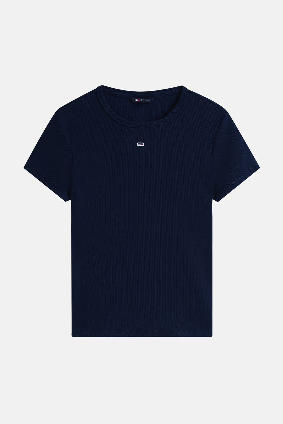 Donkerblauw geribbeld T-shirt met korte mouwen van TOMMY JEANS, met klein vlaglogo op de borst.