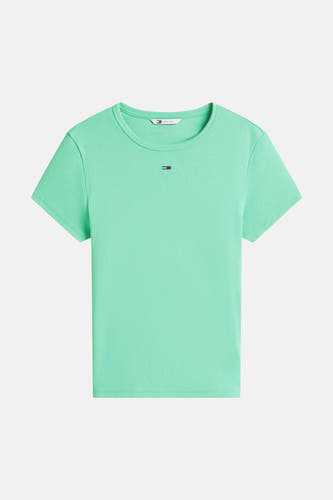 Groen T-shirt met korte mouwen van Tommy Jeans, met ribstructuur en een klein logo op de borst.