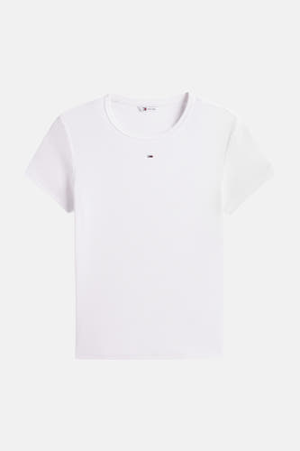 Wit geribd T-shirt met korte mouwen van TOMMY JEANS, met een klein logo op de borst.