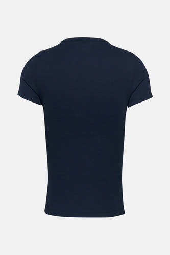Blauw T-shirt met korte mouwen van TOMMY JEANS, ribgebreide textuur, achterkant zichtbaar.
