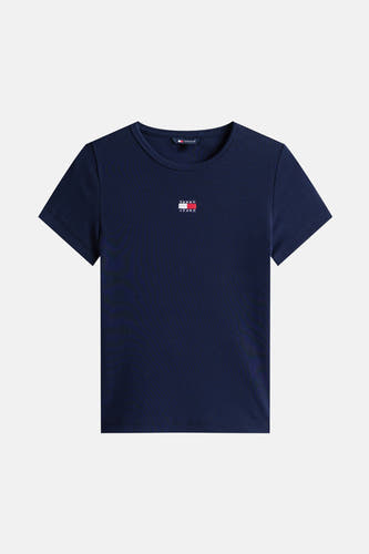 Blauw T-shirt met korte mouwen van Tommy Jeans, met een ribgebreide textuur en logo op de borst.