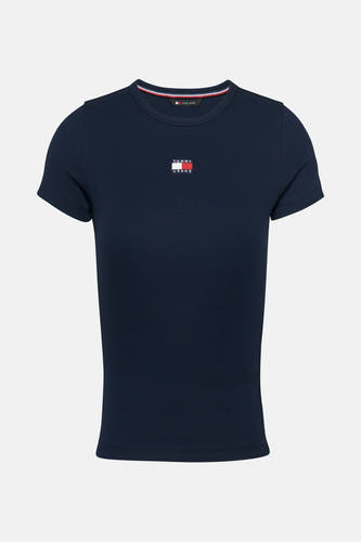 Blauw T-shirt met korte mouwen van Tommy Jeans, met een ribgebreide textuur en klein logo op de borst.