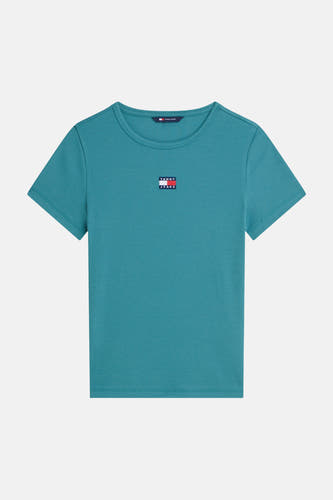 Blauwgroen geribbeld T-shirt van TOMMY JEANS met korte mouwen en een klein logo op de borst.
