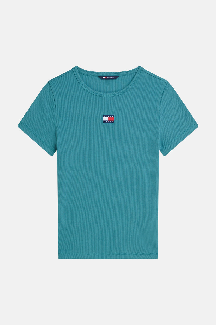 Blauwgroen geribbeld T-shirt van TOMMY JEANS met korte mouwen en een klein logo op de borst.