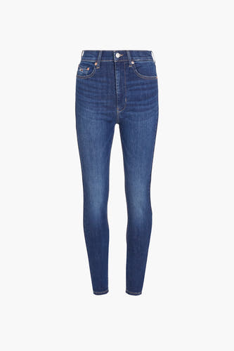 Donkerblauwe skinny jeans van TOMMY JEANS, effen denim met lichte wassing en klassieke zakken.
