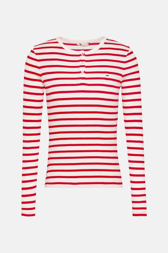 Rood gestreept T-shirt met lange mouwen van TOMMY JEANS, met een knoopsluiting en logo.