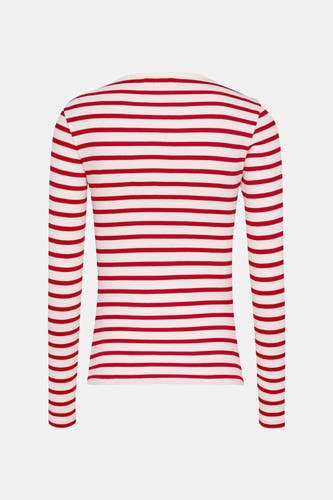 Rood gestreept T-shirt met lange mouwen van TOMMY JEANS, achteraanzicht op een effen achtergrond.