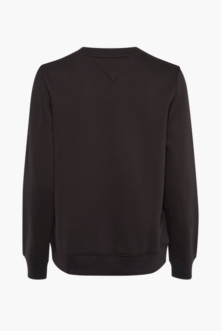 Zwarte sweater met ronde hals van TOMMY JEANS, achteraanzicht met subtiel V-detail bij de nek.