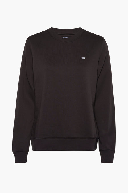 Zwarte sweater van TOMMY JEANS, met ronde hals en een klein logo op de borst.