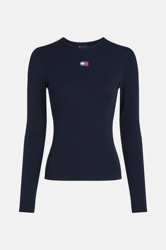 Blauw T-shirt met lange mouwen van TOMMY JEANS, met een geribbelde textuur en een klein logo op de borst.