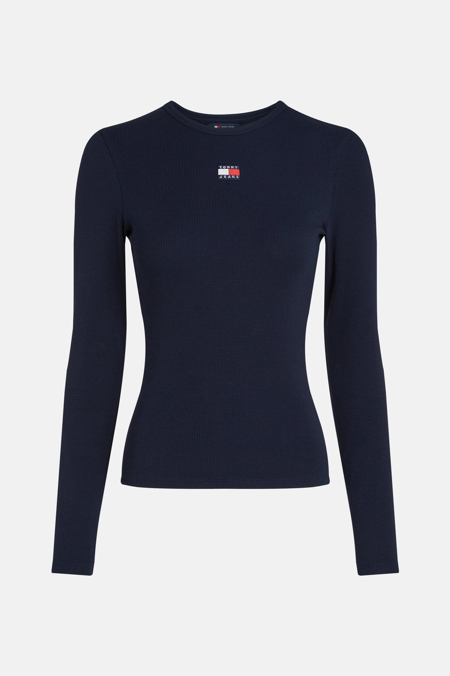 Blauw T-shirt met lange mouwen van TOMMY JEANS, met een geribbelde textuur en een klein logo op de borst.