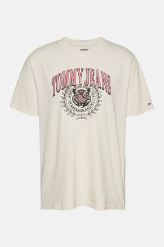 Ecru T-shirt met korte mouwen van TOMMY JEANS, met een vintage-geïnspireerde tijgerprint en roze 'Tommy Jeans' logo.