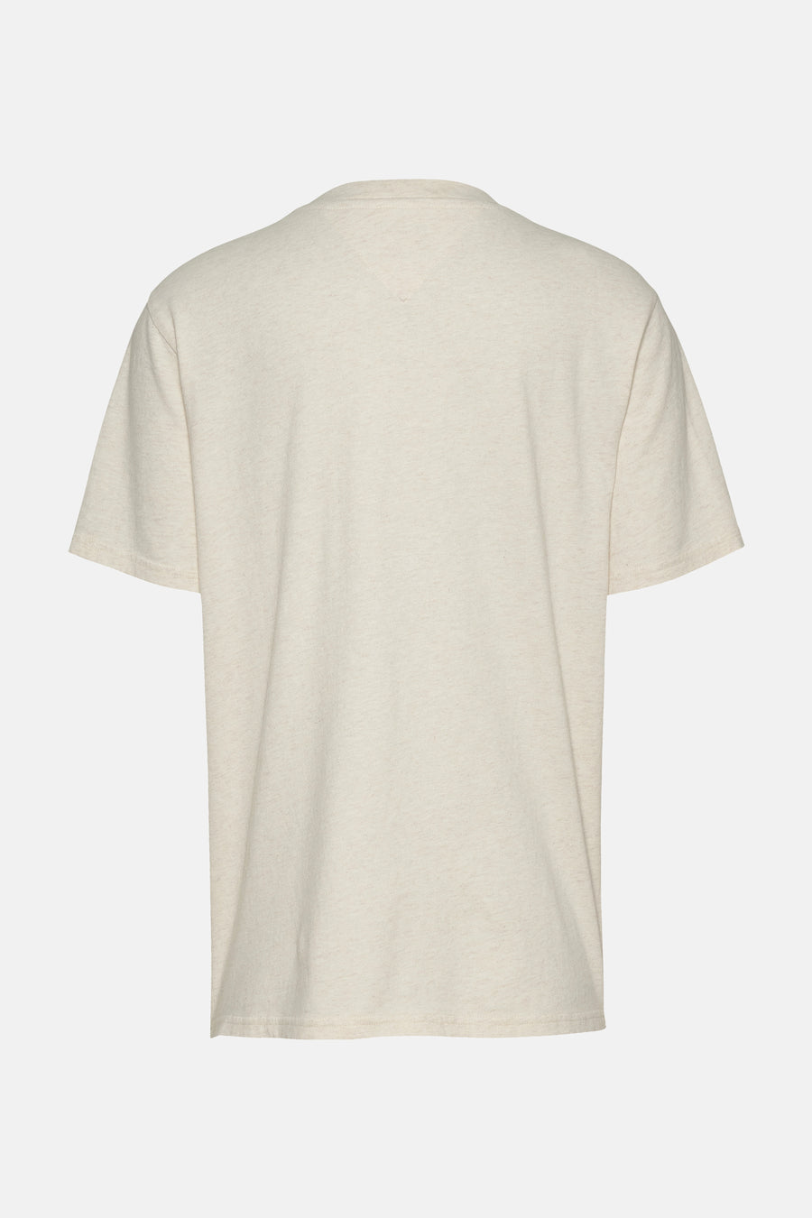 Ecru T-shirt met korte mouwen van TOMMY JEANS, achterkant weergegeven, met een effen, gemêleerde textuur.
