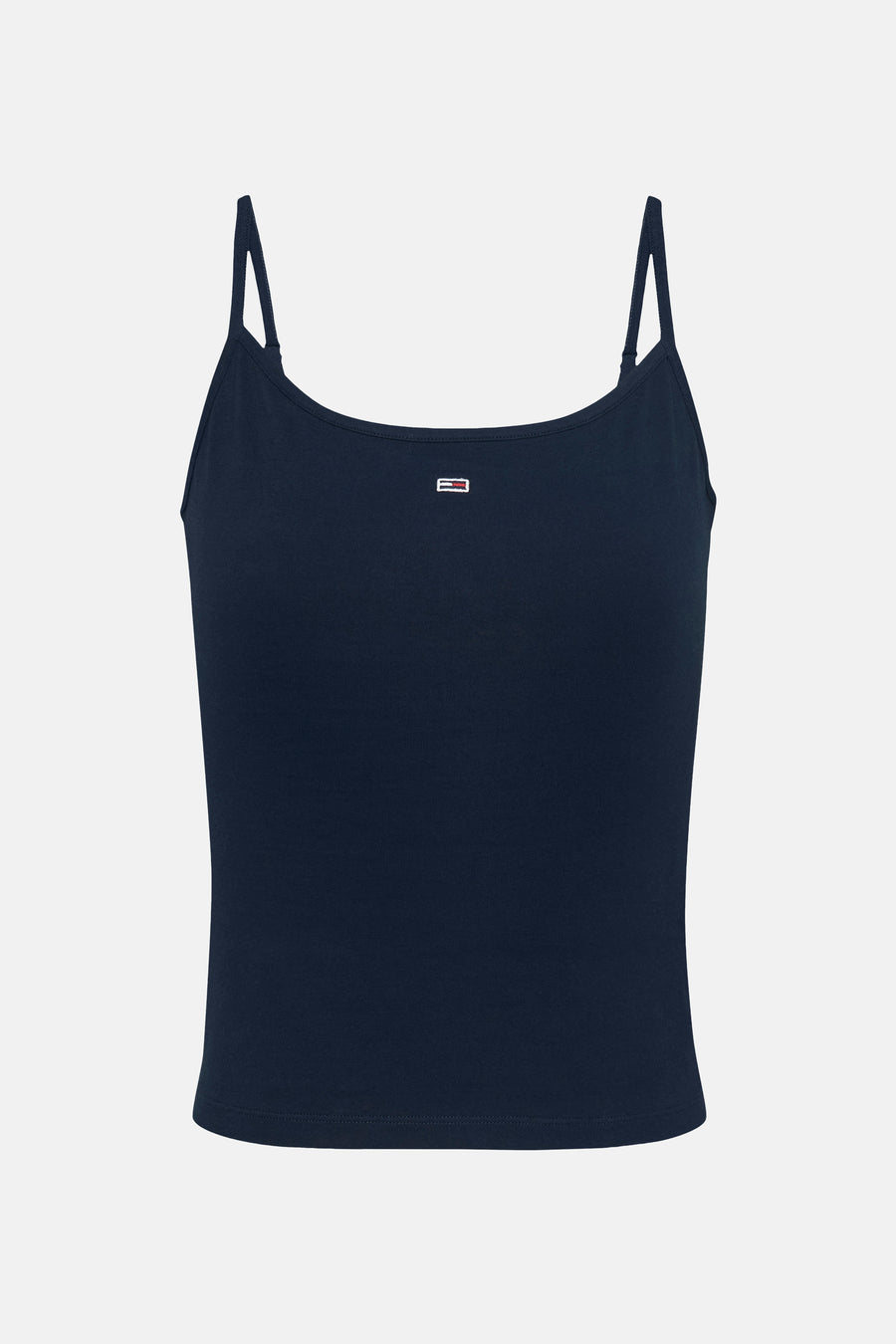 Blauwe singlet van TOMMY JEANS, met dunne bandjes en een klein logo op de borst.
