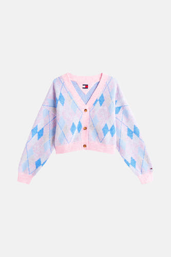 Cardigan rose de TOMMY JEANS avec motif à carreaux en bleu et gris, et fermeture à boutons.