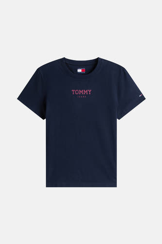 Blauw T-shirt met korte mouwen van TOMMY JEANS, met merknaam op de borst en een klein logo op de mouw.