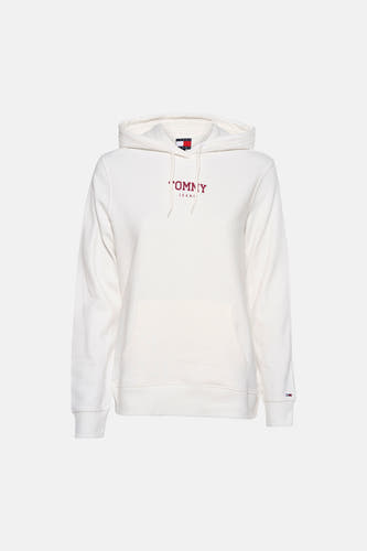 Sweat à capuche blanc de TOMMY JEANS, avec logo et poche kangourou.