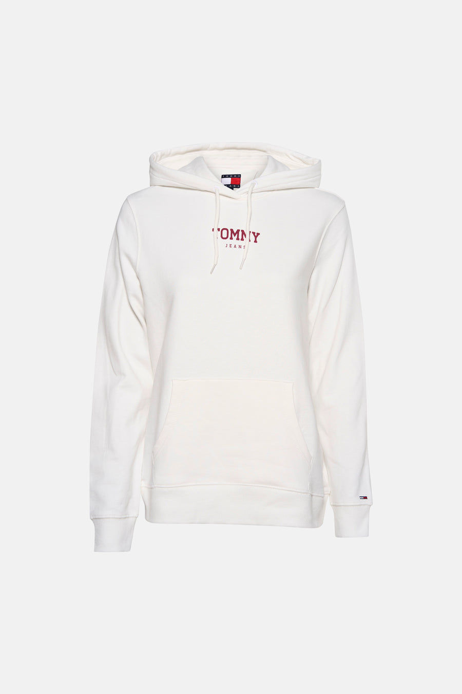 Sweat à capuche blanc de TOMMY JEANS, avec logo et poche kangourou.