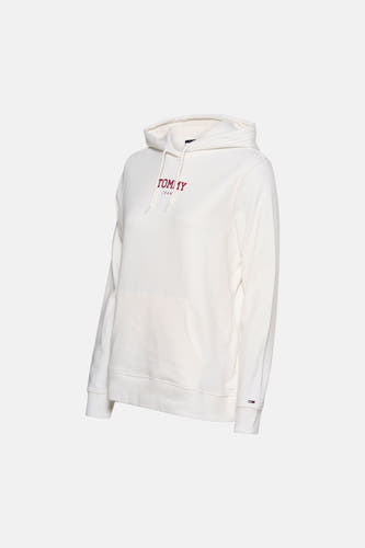 Sweat à capuche blanc Tommy Jeans, avec lettres de logo rouges et une poche kangourou.