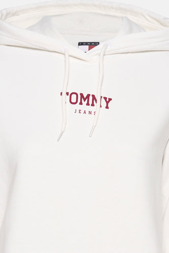 Witte sweater met kap van TOMMY JEANS, met trekkoorden en rode merklogo print.