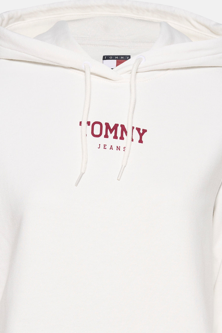Witte sweater met kap van TOMMY JEANS, met trekkoorden en rode merklogo print.