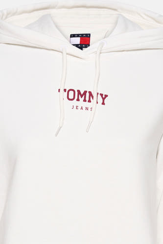 Sweat à capuche blanc de TOMMY JEANS, avec imprimé logo rouge sur la poitrine et cordons de serrage blancs.