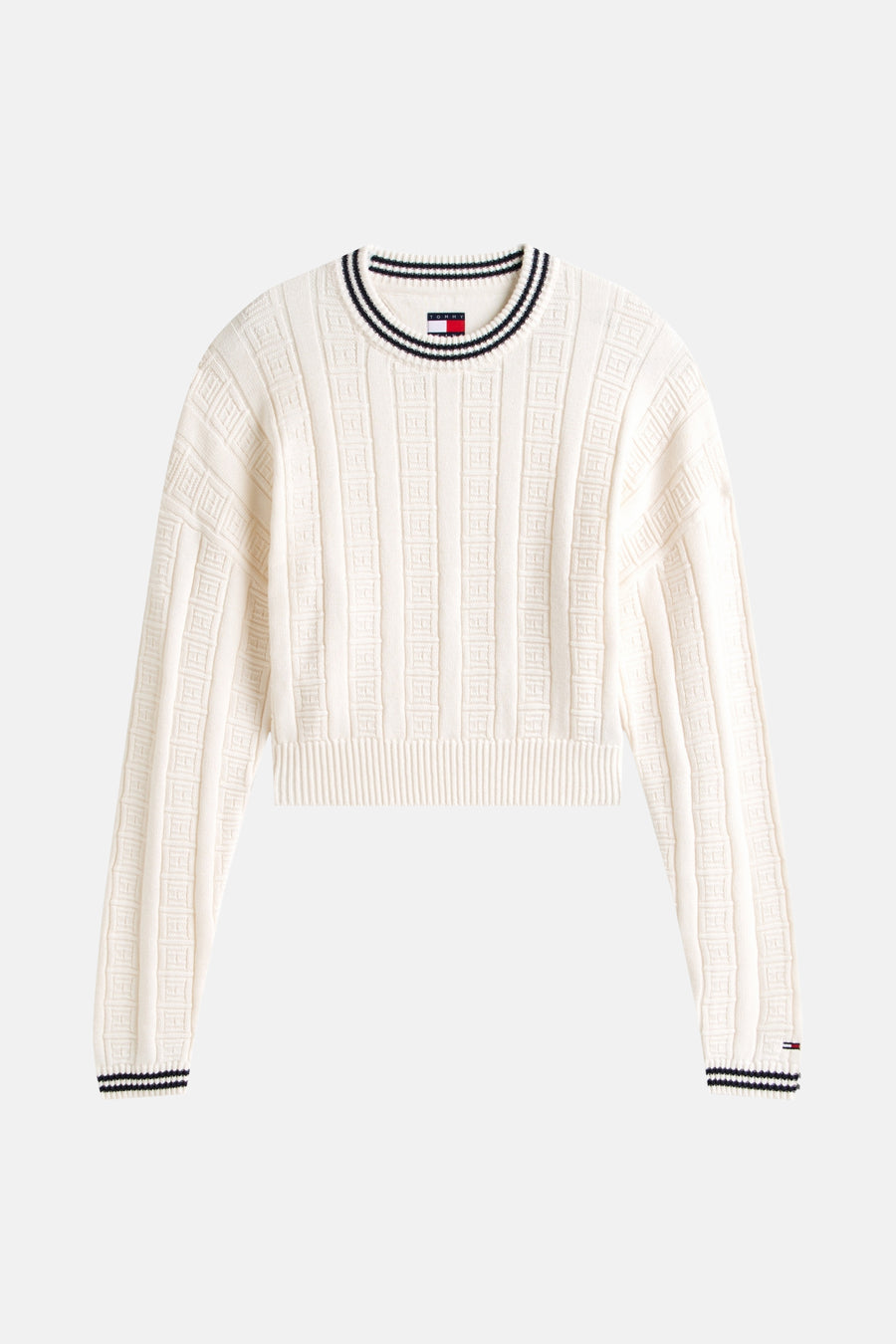 Crèmekleurige, gebreide Tommy Hilfiger crop-trui met lange mouwen.