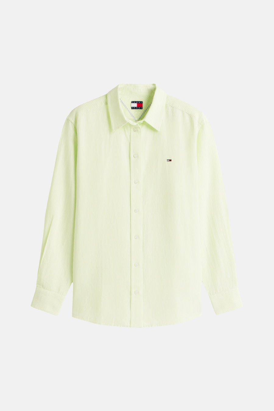 Groen overhemd met lange mouwen van TOMMY JEANS, met fijne strepen en een klein logo op de borst.