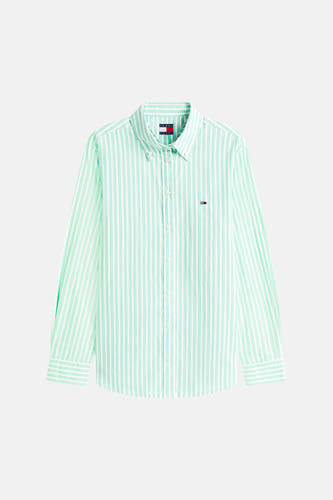 Chemise verte à rayures à manches longues de TOMMY JEANS, avec col boutonné et logo brodé.